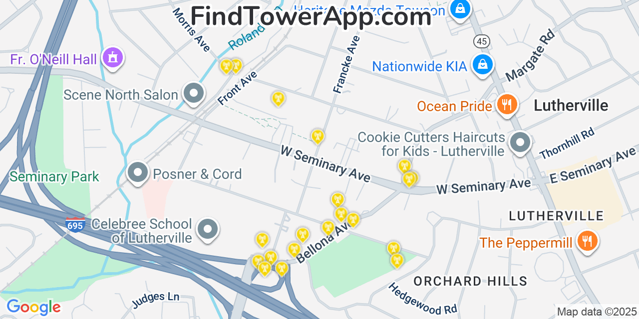 Map showing the 20 primary cell tower locations detected in Lutherville, Maryland from AT&T, Verizon, and T-Mobile networks