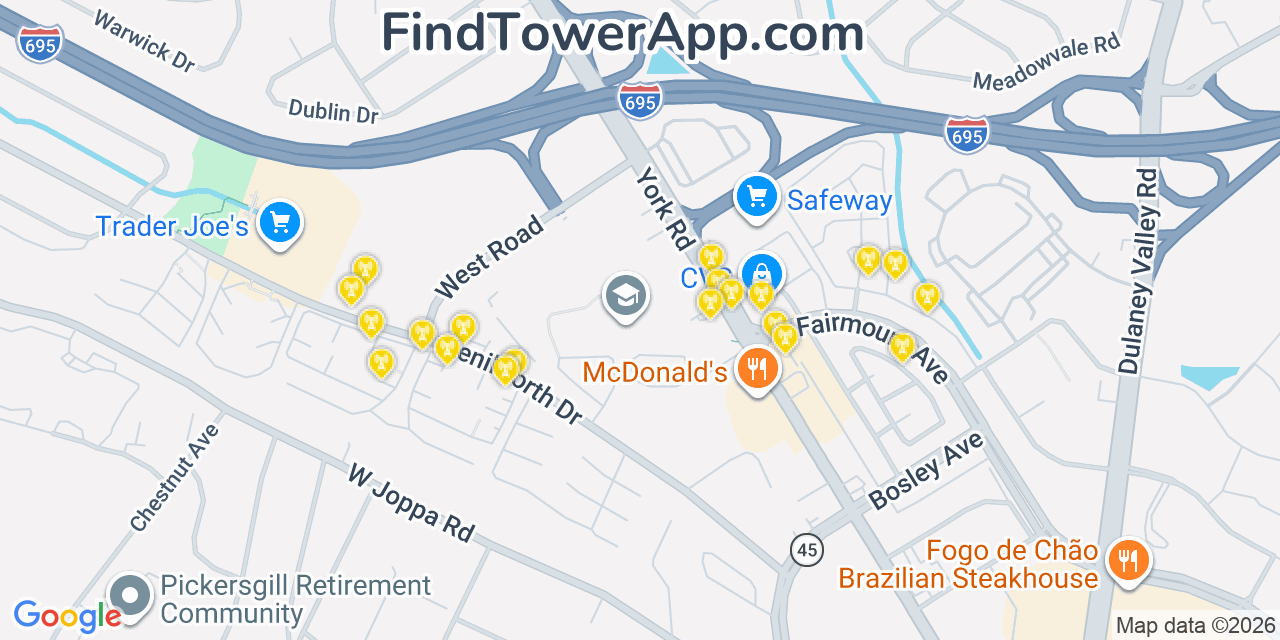 Map showing the 20 primary cell tower locations detected in Lutherville Timonium, Maryland from AT&T, Verizon, and T-Mobile networks