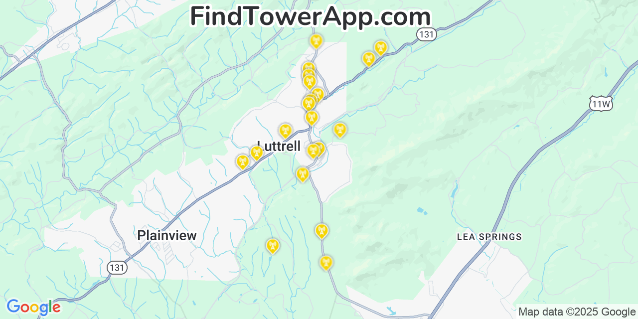 Map showing the 20 primary cell tower locations detected in Luttrell, Tennessee from AT&T, Verizon, and T-Mobile networks