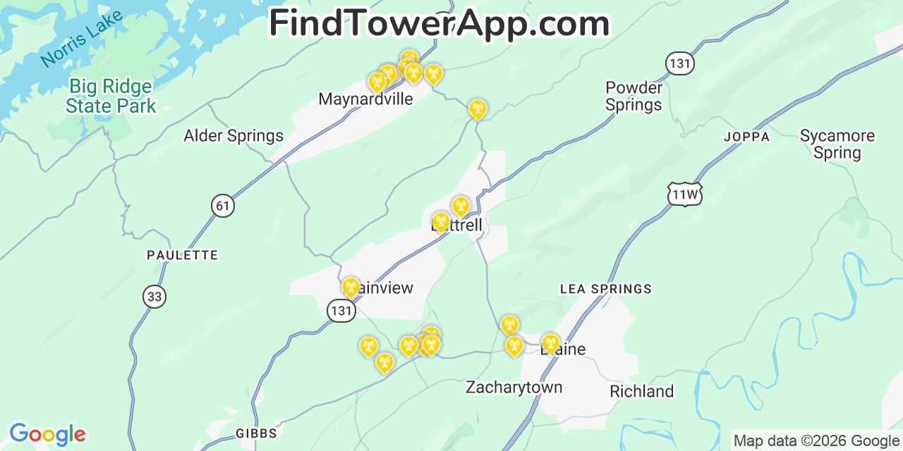 Map showing the 20 primary cell tower locations detected in Luttrell, Tennessee from AT&T, Verizon, and T-Mobile networks