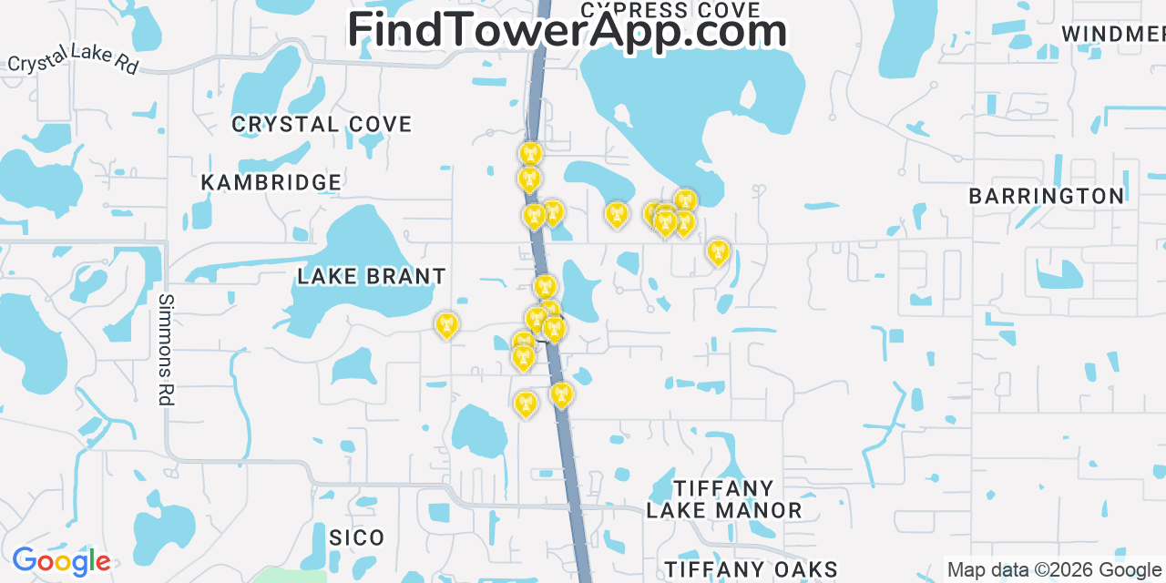 Map showing the 20 primary cell tower locations detected in Lutz, Florida from AT&T, Verizon, and T-Mobile networks