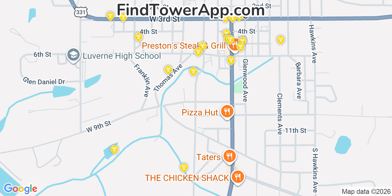 Map showing the 20 primary cell tower locations detected in Luverne, Alabama from AT&T, Verizon, and T-Mobile networks