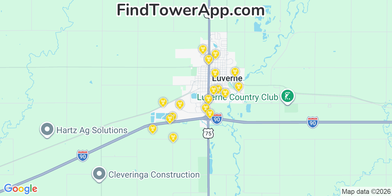 Map showing the 20 primary cell tower locations detected in Luverne, Minnesota from AT&T, Verizon, and T-Mobile networks