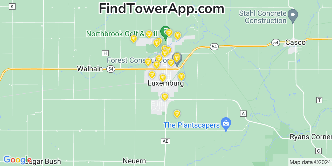 AT&T 4G/5G cell tower coverage map Luxemburg, Wisconsin