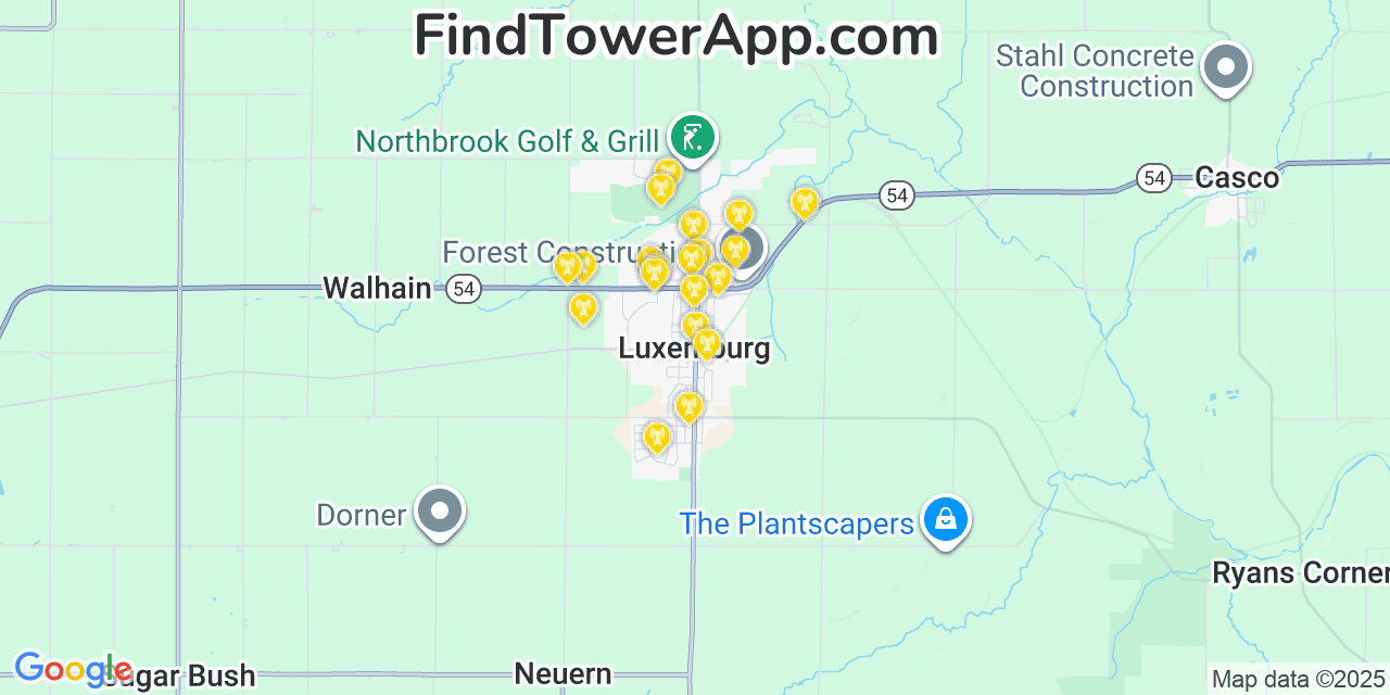 Map showing the 20 primary cell tower locations detected in Luxemburg, Wisconsin from AT&T, Verizon, and T-Mobile networks