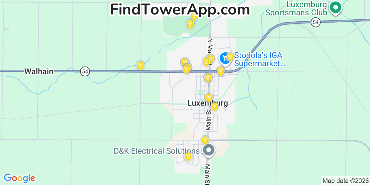 Map showing the 20 primary cell tower locations detected in Luxemburg, Wisconsin from AT&T, Verizon, and T-Mobile networks