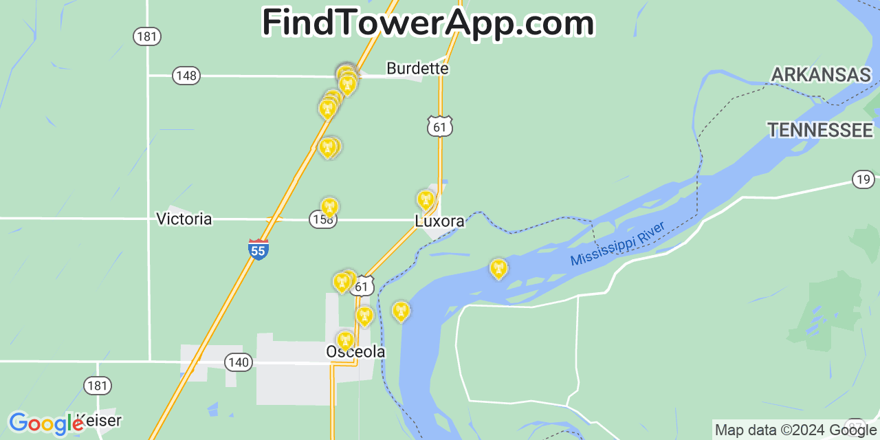 AT&T 4G/5G cell tower coverage map Luxora, Arkansas