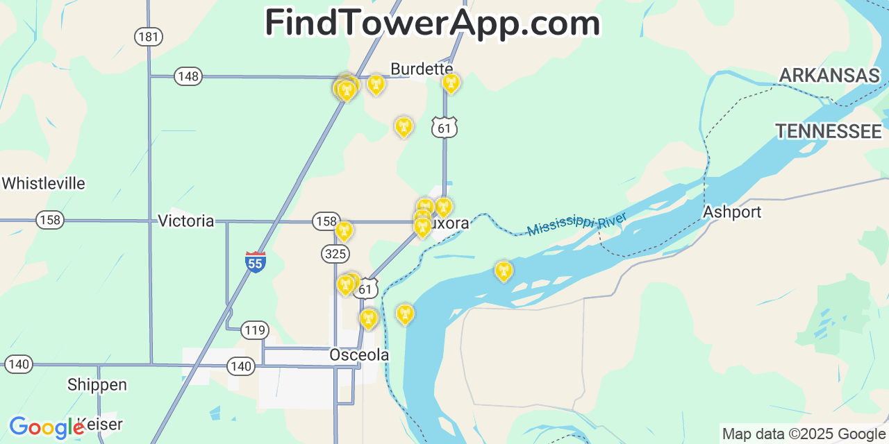 Map showing the 20 primary cell tower locations detected in Luxora, Arkansas from AT&T, Verizon, and T-Mobile networks