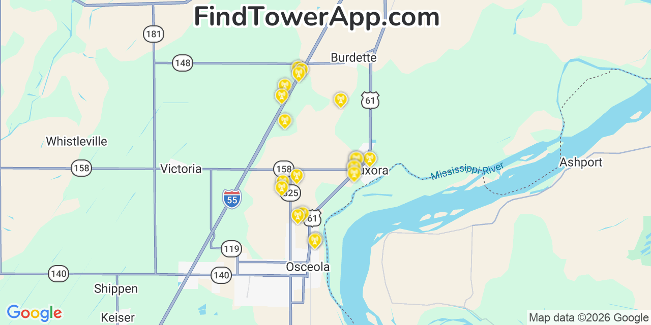 Map showing the 20 primary cell tower locations detected in Luxora, Arkansas from AT&T, Verizon, and T-Mobile networks