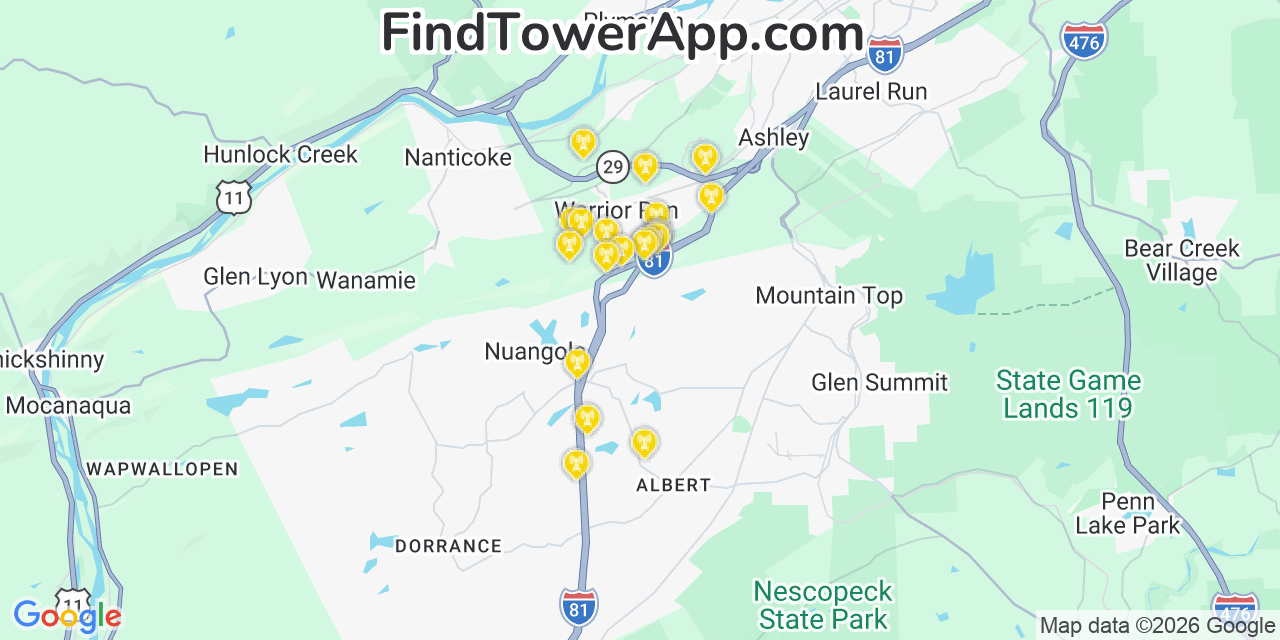 Map showing the 20 primary cell tower locations detected in Luzerne, Pennsylvania from AT&T, Verizon, and T-Mobile networks