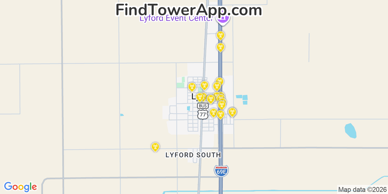 Map showing the 20 primary cell tower locations detected in Lyford, Texas from AT&T, Verizon, and T-Mobile networks