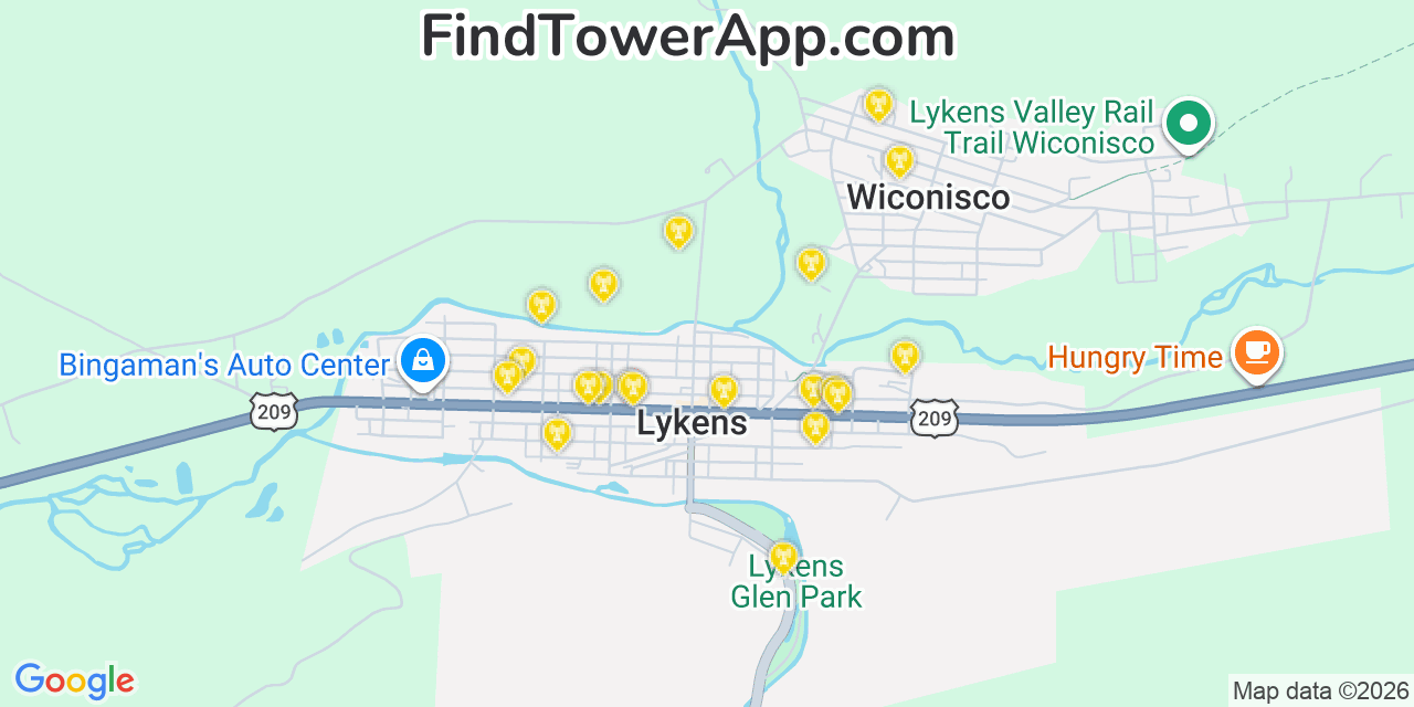Map showing the 20 primary cell tower locations detected in Lykens, Pennsylvania from AT&T, Verizon, and T-Mobile networks