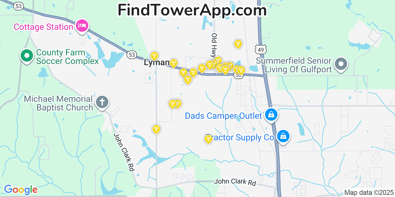 Map showing the 20 primary cell tower locations detected in Lyman, Mississippi from AT&T, Verizon, and T-Mobile networks