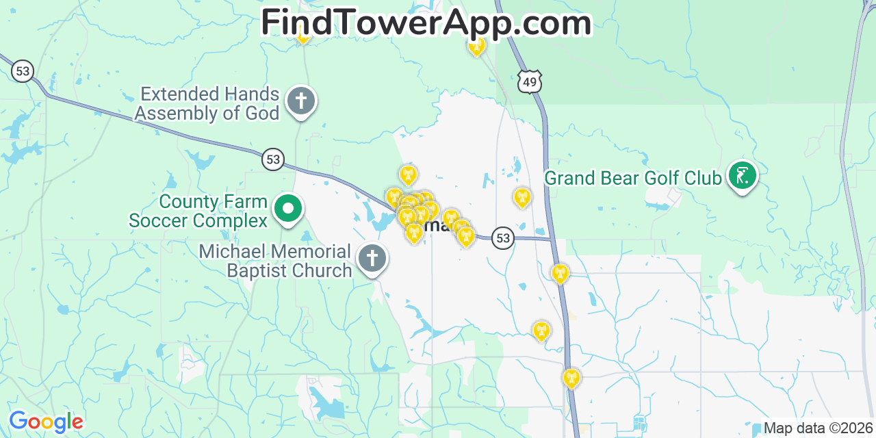 Map showing the 20 primary cell tower locations detected in Lyman, Mississippi from AT&T, Verizon, and T-Mobile networks