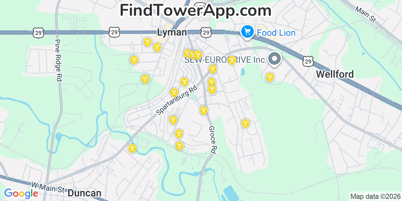 Map showing the 20 primary cell tower locations detected in Lyman, South Carolina from AT&T, Verizon, and T-Mobile networks