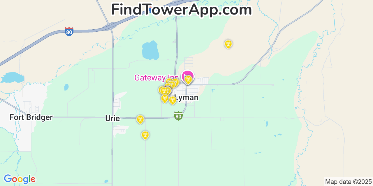 Map showing the 20 primary cell tower locations detected in Lyman, Wyoming from AT&T, Verizon, and T-Mobile networks