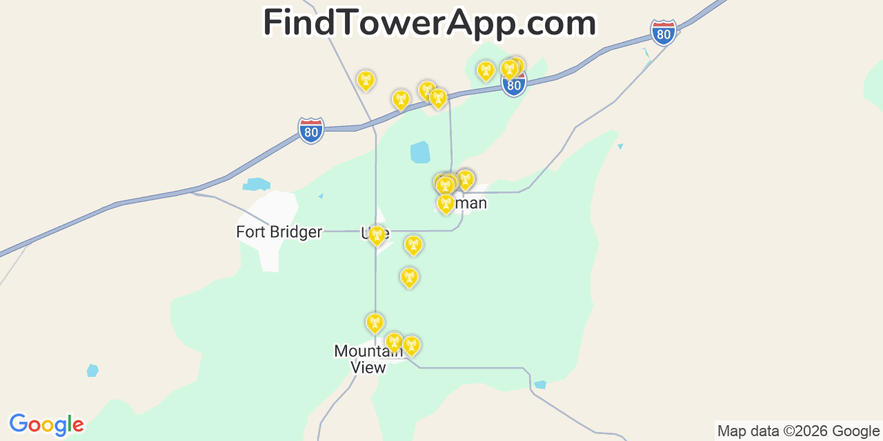 Map showing the 20 primary cell tower locations detected in Lyman, Wyoming from AT&T, Verizon, and T-Mobile networks