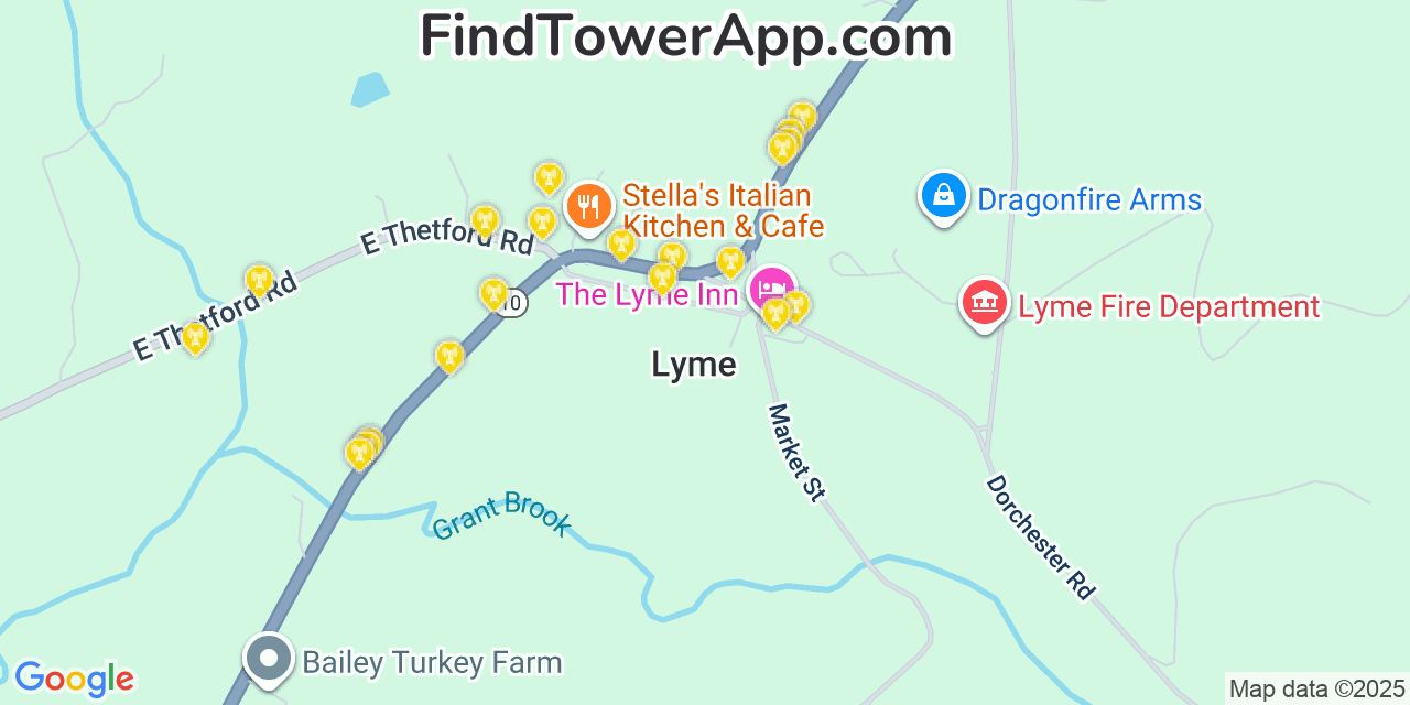 Map showing the 20 primary cell tower locations detected in Lyme, New Hampshire from AT&T, Verizon, and T-Mobile networks