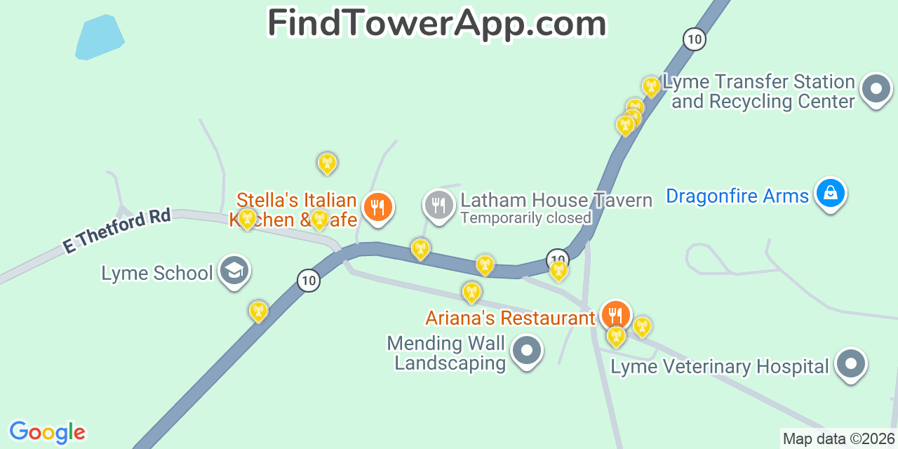 Map showing the 20 primary cell tower locations detected in Lyme, New Hampshire from AT&T, Verizon, and T-Mobile networks