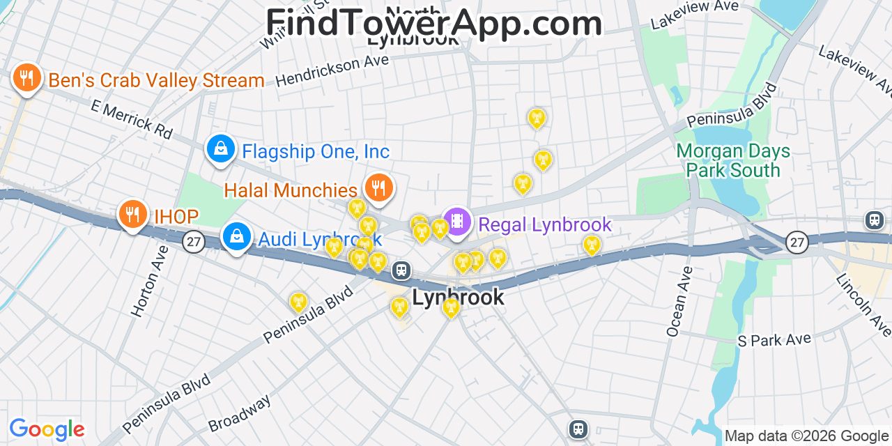 Map showing the 20 primary cell tower locations detected in Lynbrook, New York from AT&T, Verizon, and T-Mobile networks