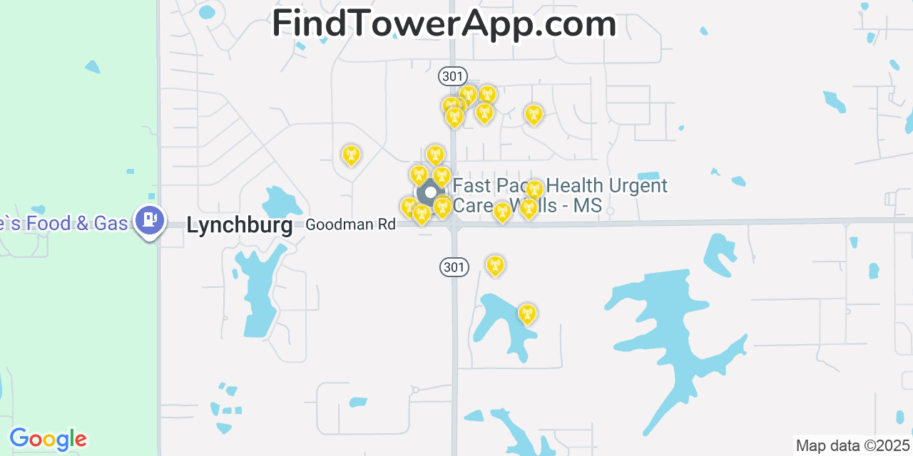 Map showing the 20 primary cell tower locations detected in Lynchburg, Mississippi from AT&T, Verizon, and T-Mobile networks