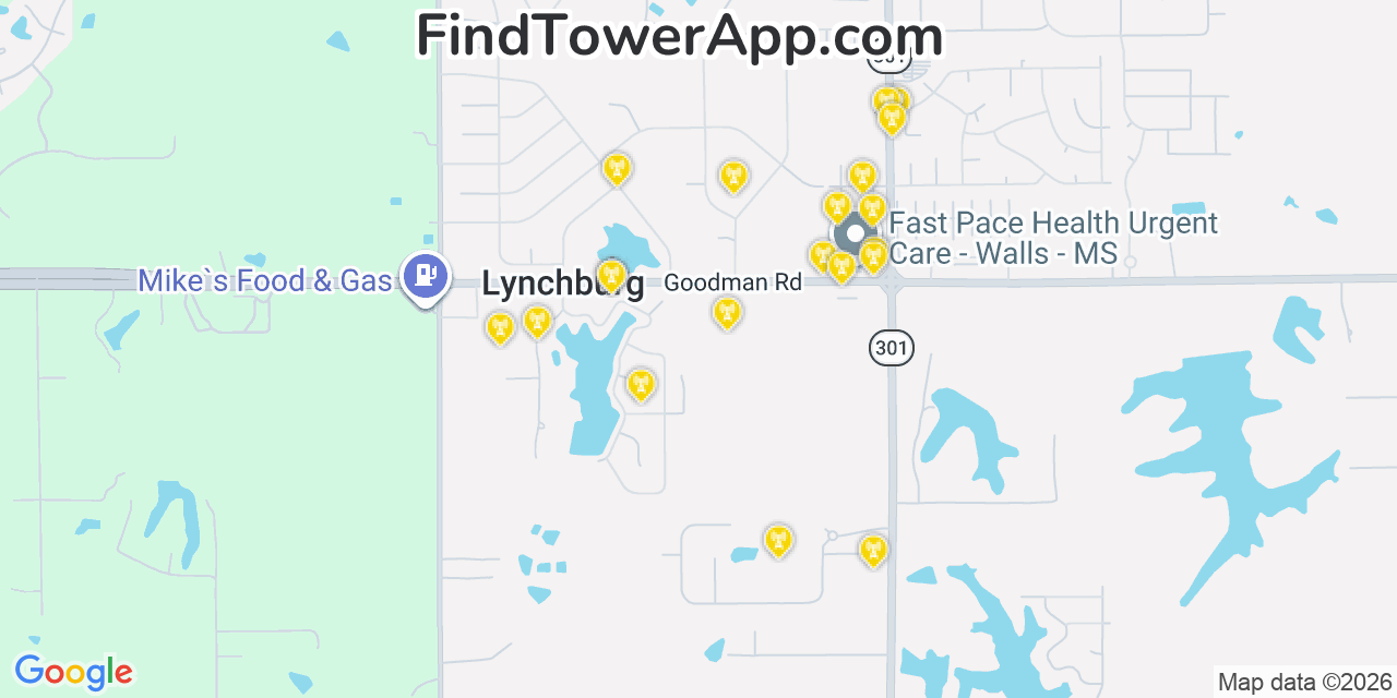Map showing the 20 primary cell tower locations detected in Lynchburg, Mississippi from AT&T, Verizon, and T-Mobile networks
