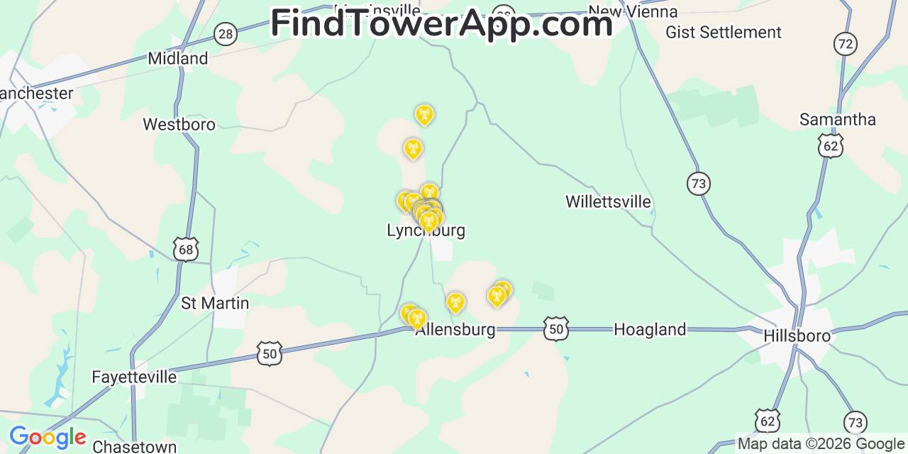Map showing the 20 primary cell tower locations detected in Lynchburg, Ohio from AT&T, Verizon, and T-Mobile networks