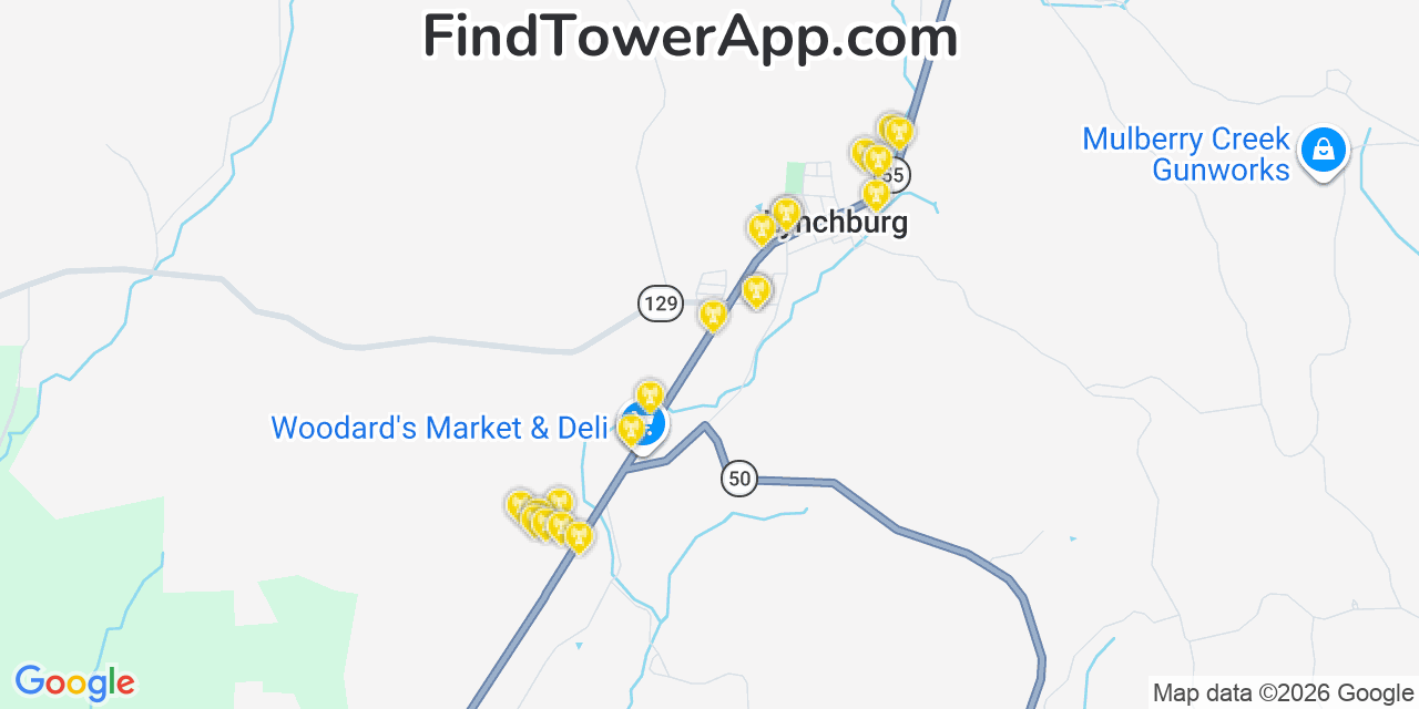 Map showing the 20 primary cell tower locations detected in Lynchburg, Tennessee from AT&T, Verizon, and T-Mobile networks
