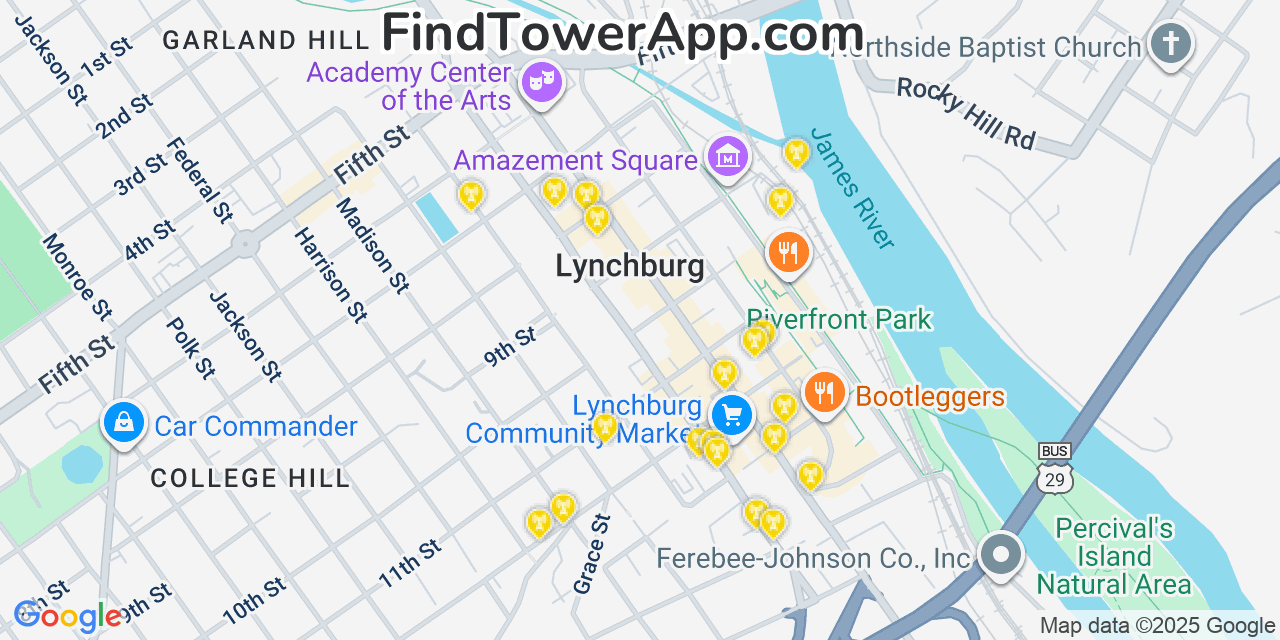 Map showing the 20 primary cell tower locations detected in Lynchburg, Virginia from AT&T, Verizon, and T-Mobile networks