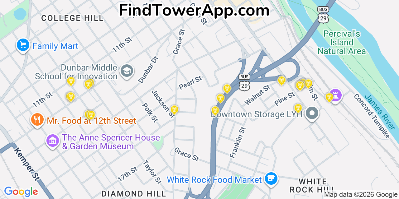 Map showing the 20 primary cell tower locations detected in Lynchburg, Virginia from AT&T, Verizon, and T-Mobile networks