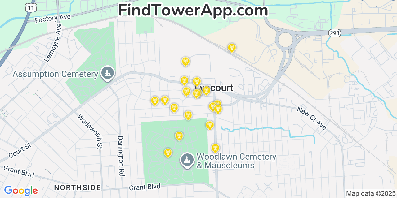 Map showing the 20 primary cell tower locations detected in Lyncourt, New York from AT&T, Verizon, and T-Mobile networks