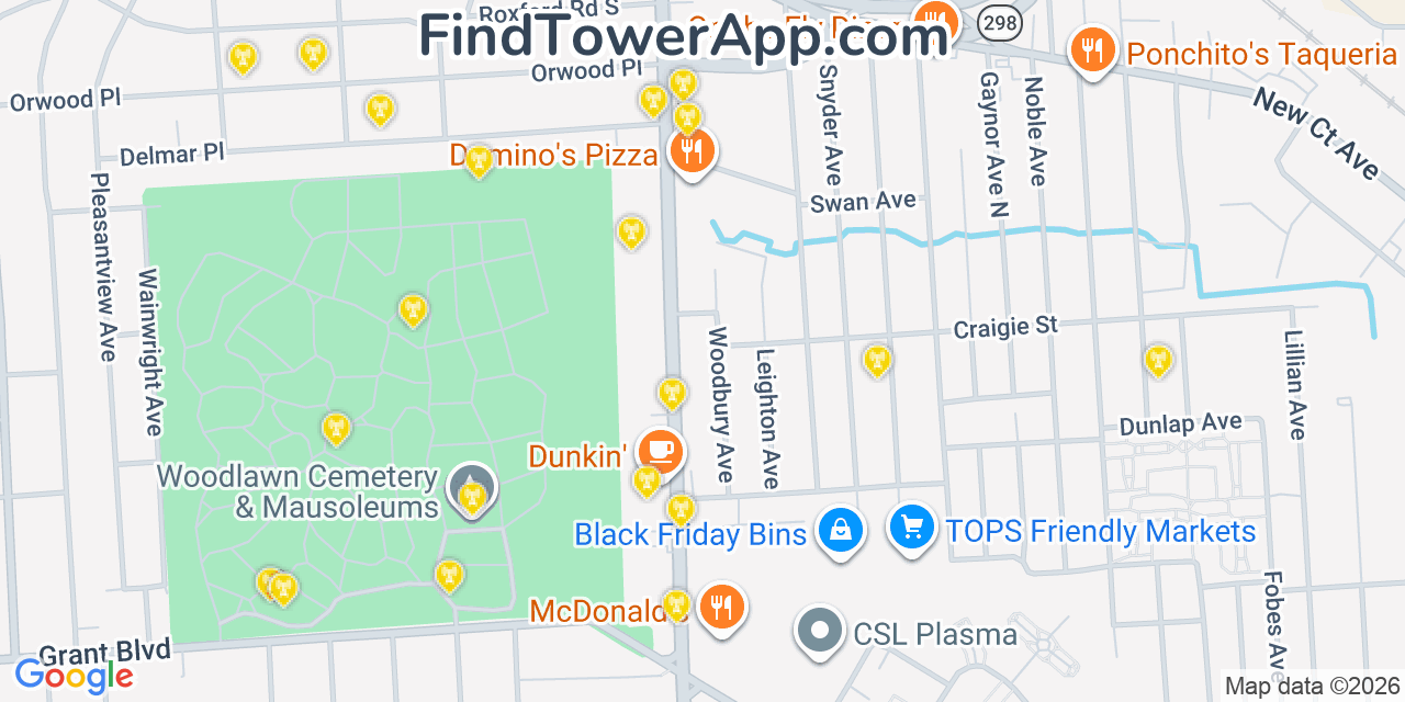 Map showing the 20 primary cell tower locations detected in Lyncourt, New York from AT&T, Verizon, and T-Mobile networks