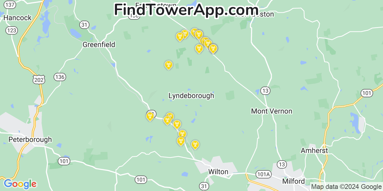 AT&T 4G/5G cell tower coverage map Lyndeborough, New Hampshire