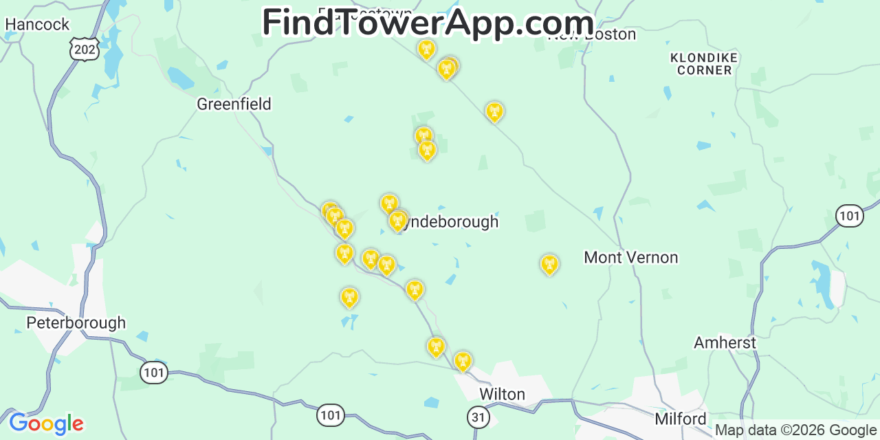 Map showing the 20 primary cell tower locations detected in Lyndeborough, New Hampshire from AT&T, Verizon, and T-Mobile networks
