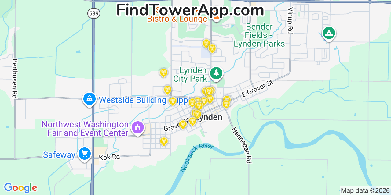 Map showing the 20 primary cell tower locations detected in Lynden, Washington from AT&T, Verizon, and T-Mobile networks