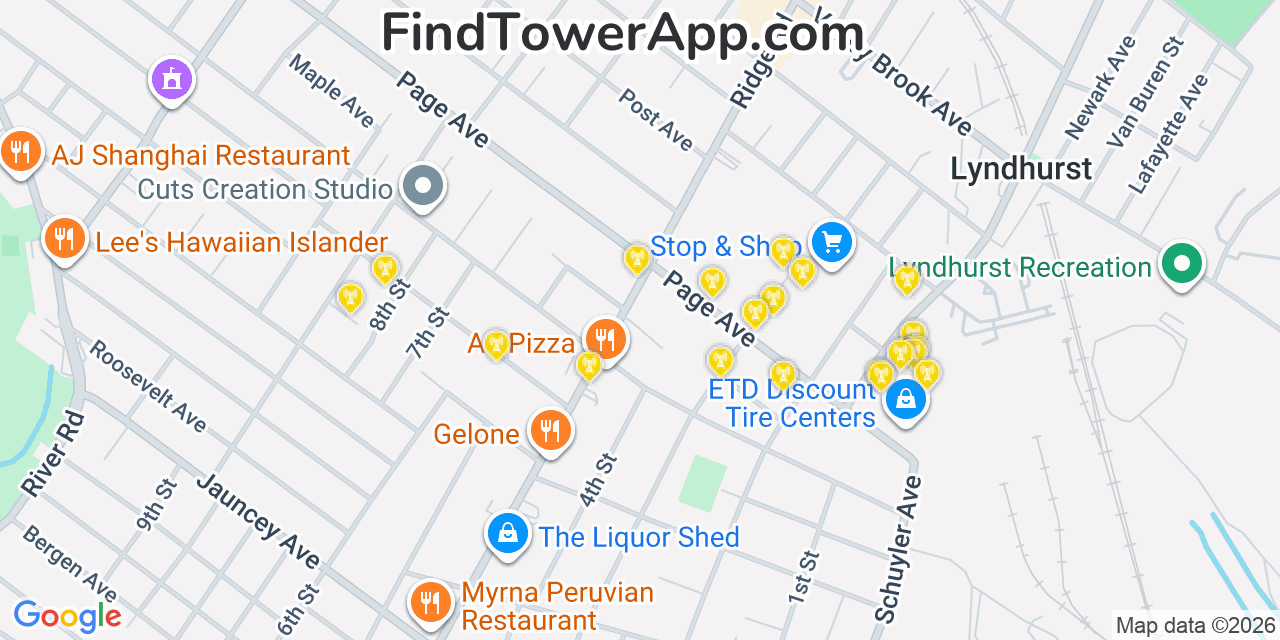 Map showing the 20 primary cell tower locations detected in Lyndhurst, New Jersey from AT&T, Verizon, and T-Mobile networks