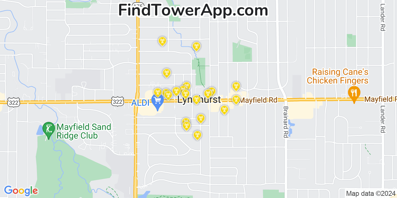 AT&T 4G/5G cell tower coverage map Lyndhurst, Ohio