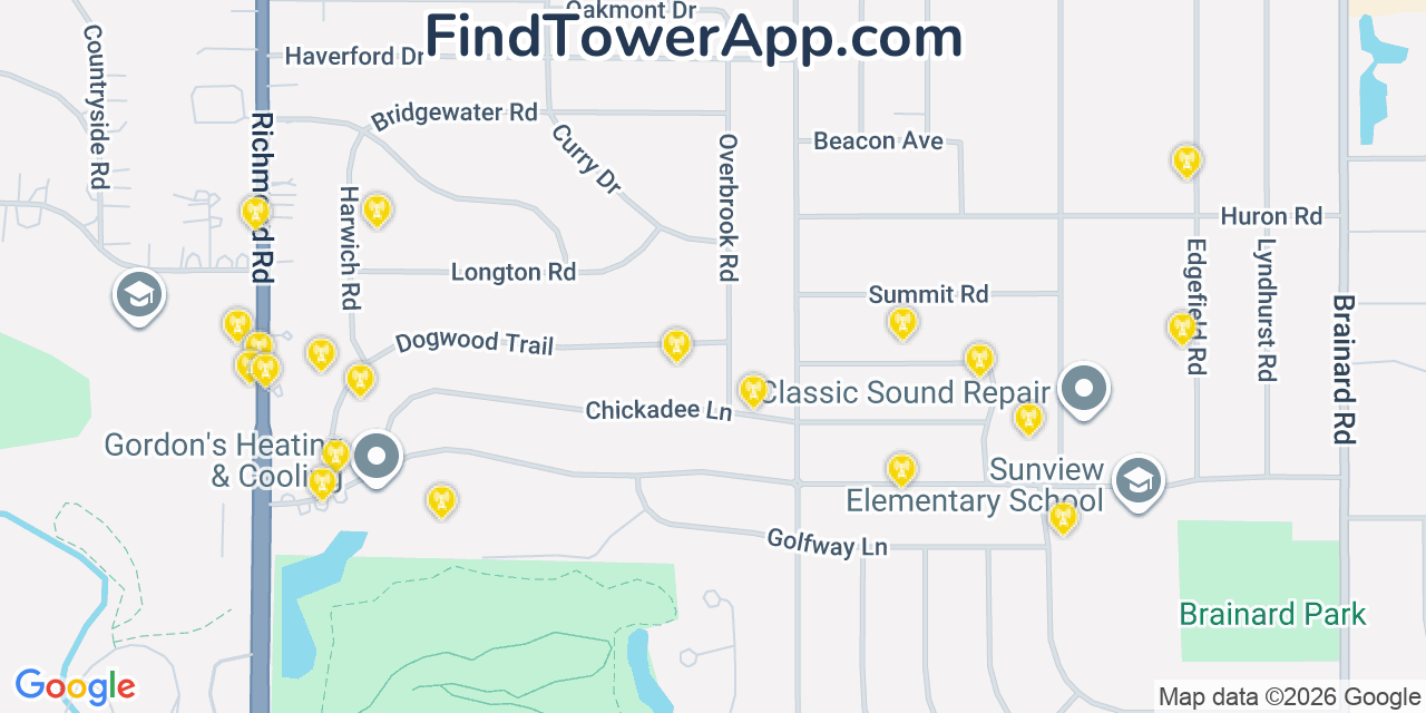 Map showing the 20 primary cell tower locations detected in Lyndhurst, Ohio from AT&T, Verizon, and T-Mobile networks