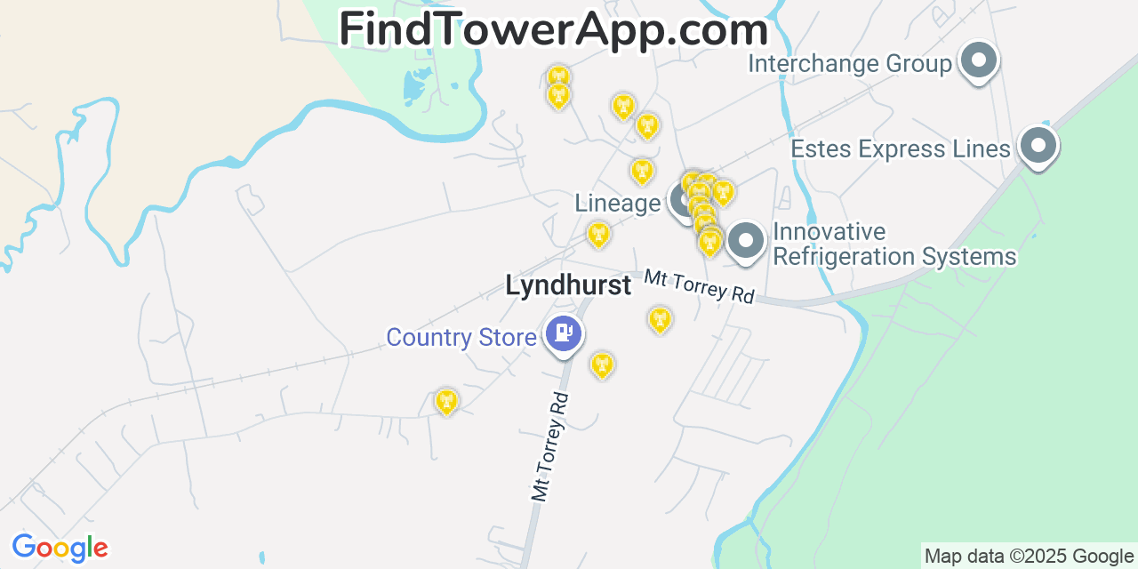Map showing the 20 primary cell tower locations detected in Lyndhurst, Virginia from AT&T, Verizon, and T-Mobile networks