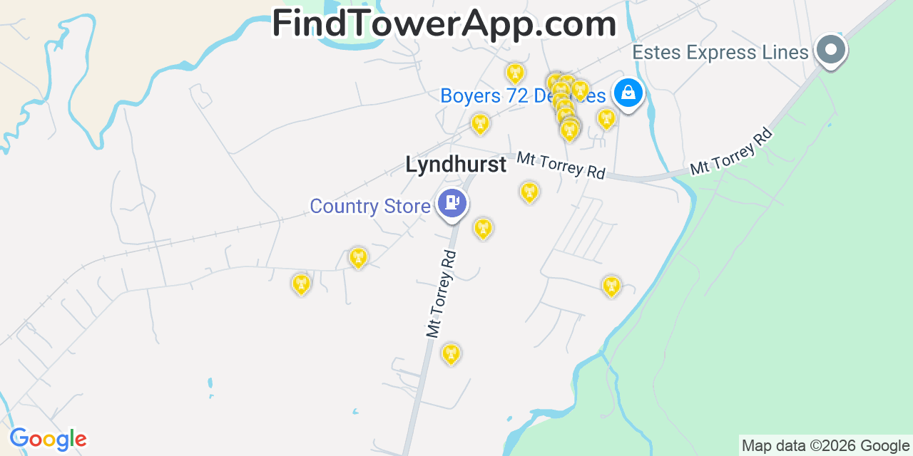 Map showing the 20 primary cell tower locations detected in Lyndhurst, Virginia from AT&T, Verizon, and T-Mobile networks