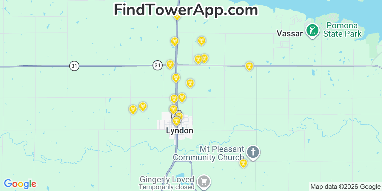 Map showing the 20 primary cell tower locations detected in Lyndon, Kansas from AT&T, Verizon, and T-Mobile networks