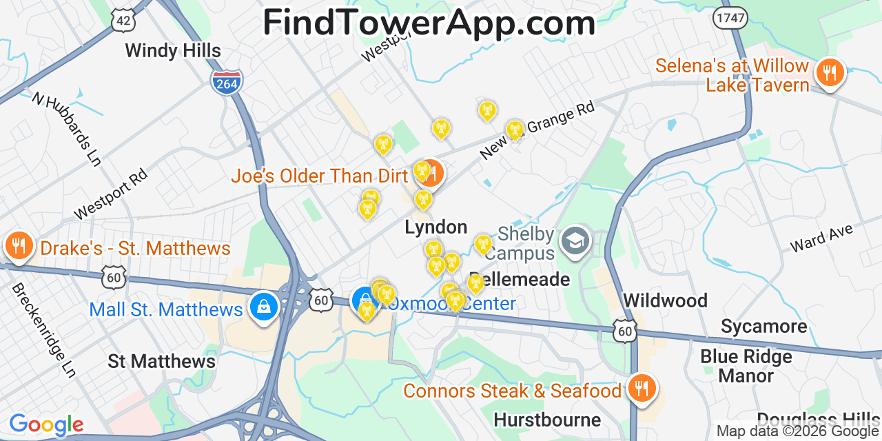 Map showing the 20 primary cell tower locations detected in Lyndon, Kentucky from AT&T, Verizon, and T-Mobile networks