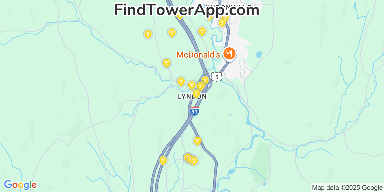 Map showing the 20 primary cell tower locations detected in Lyndon, Vermont from AT&T, Verizon, and T-Mobile networks