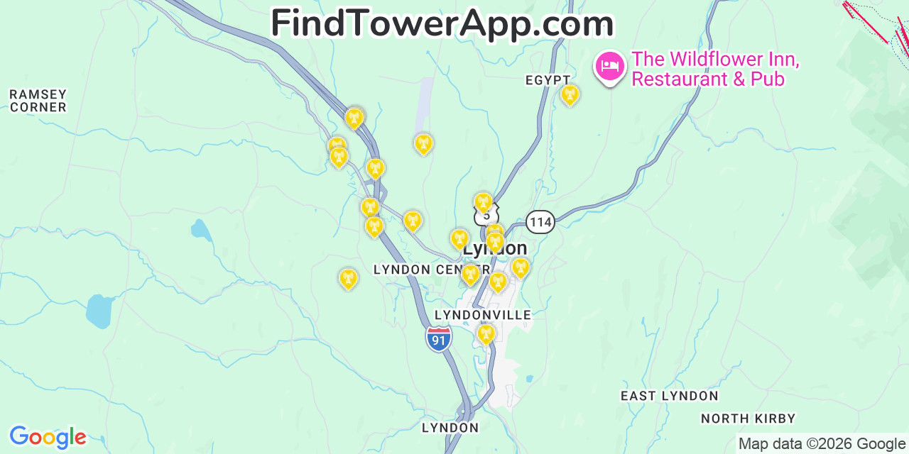 Map showing the 20 primary cell tower locations detected in Lyndon, Vermont from AT&T, Verizon, and T-Mobile networks
