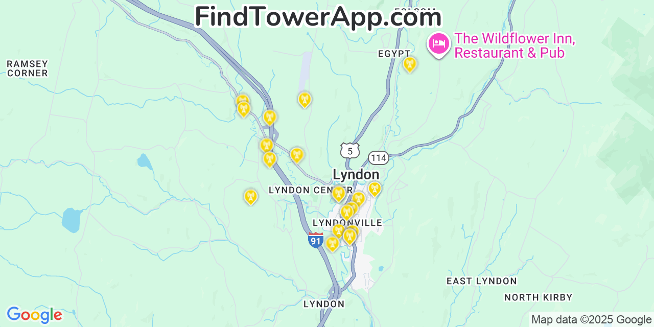 Map showing the 20 primary cell tower locations detected in Lyndonville, Vermont from AT&T, Verizon, and T-Mobile networks