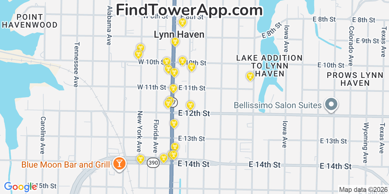 Map showing the 20 primary cell tower locations detected in Lynn Haven, Florida from AT&T, Verizon, and T-Mobile networks