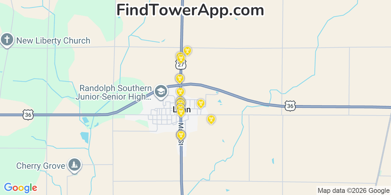 Map showing the 20 primary cell tower locations detected in Lynn, Indiana from AT&T, Verizon, and T-Mobile networks
