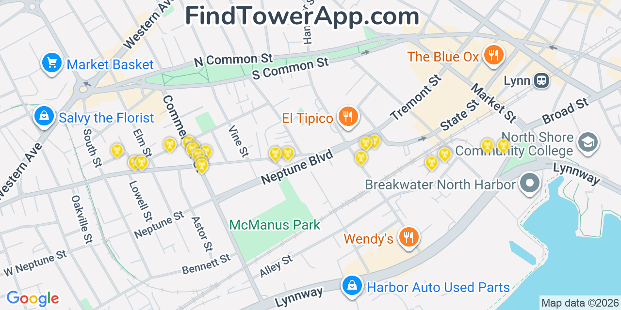 Map showing the 20 primary cell tower locations detected in Lynn, Massachusetts from AT&T, Verizon, and T-Mobile networks