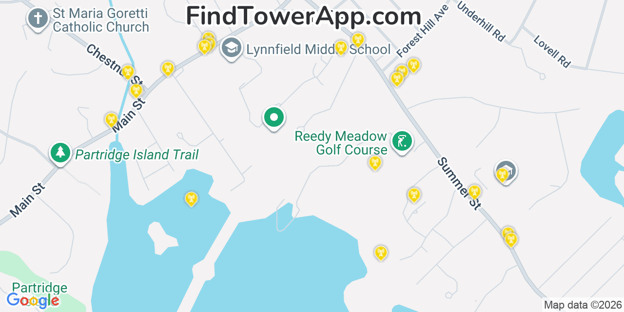 Map showing the 20 primary cell tower locations detected in Lynnfield, Massachusetts from AT&T, Verizon, and T-Mobile networks
