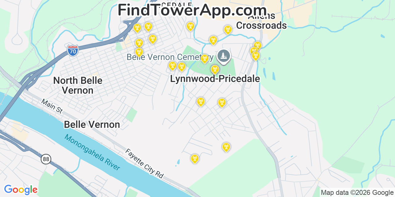 Map showing the 20 primary cell tower locations detected in Lynnwood Pricedale, Pennsylvania from AT&T, Verizon, and T-Mobile networks